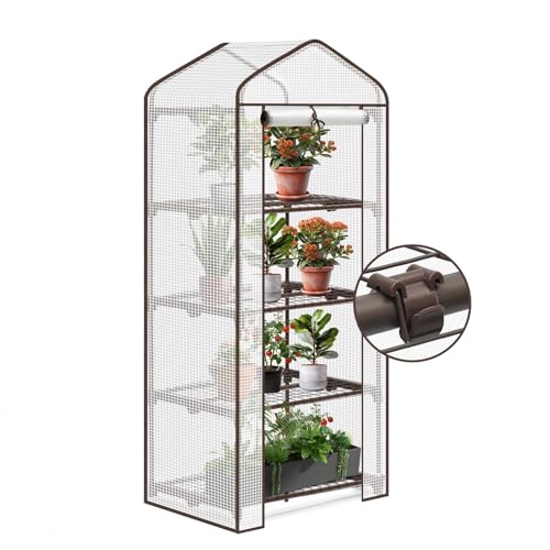 Sekey Invernadero de 4 Niveles para el jardín Hecho de Tubos de Acero galvanizado, Planta Estantería con Puerta para enrollar, 69 x 49 x 158 cm, Color Blanco