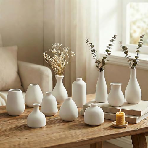 White Bud Vases Small Ceramic Vase Set of 11 Mini Pottery Vases for Flowers Minimalist Boho Small Pampas Grass Flower Vase for Farmhouse Home Decor Wedding Centerpiece Shelf and Table Decoration