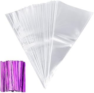 Anpro 100 pcs Clear Cone Bags with Purple Twist Ties for Party and Sweets