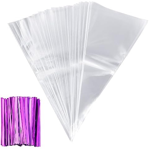 Anpro 100 pcs Clear Cone Bags with Purple Twist Ties for Party and Sweets Cover