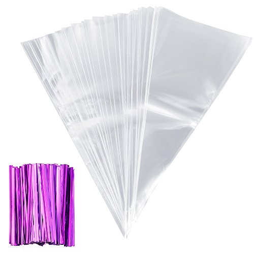 Anpro 100 pcs Clear Cone Bags with Purple Twist Ties for Party and Sweets