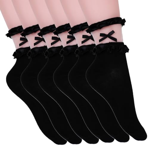 Image of Women's Ruffle Socks, 3 Pairs Lace Cuff Crew Bow Socks Cotton Frilly Calf Socks for Girls Women