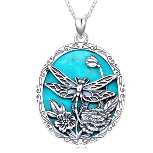 Genuine Turquoise Dragonfly Pendant Necklace for Women, Sterling Silver Boho Native American Western Pendant Jewelry Birthdays Gift
