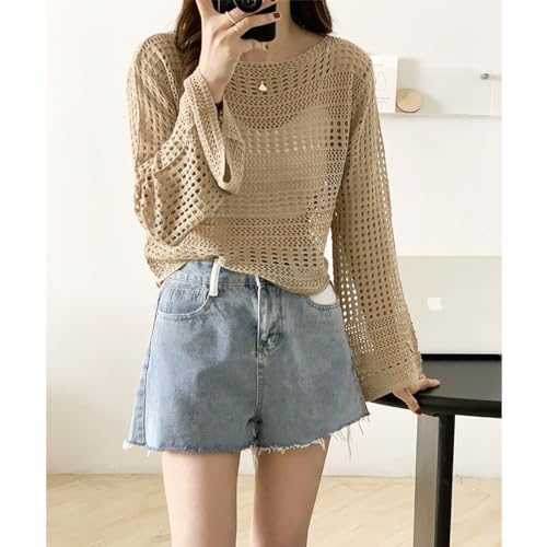 Image of CRAMPLEWomen Short Openwork Sunscreen Knitted Pullover Women Summer Seaside Resort Loose Design Sense Long-Sleeve Sweater Top