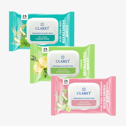 Image of Claret Wet Wipes Combo | Aloe Vera Cucumber, Aloe Vera Mint & Lemon | 25 Pulls Each | Alcohol-Free & pH Balanced | Purified Water Wipes (Pack Of 3)