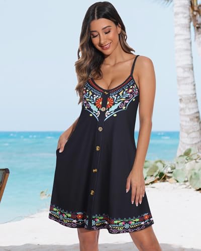 Image of JOELLYUS Summer Dresses for Women Spaghetti Strap Button Down Casual Sundress Beach Cover Up Dress with Pockets 2026