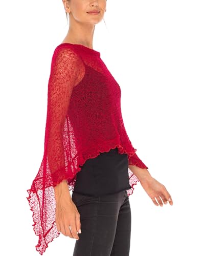 Image of SHU-SHI Women's Sheer Knit Poncho Shrug Lightweight Asymmetrical Ruffle Wrap Dressy Summer Shawl Cover Up Top