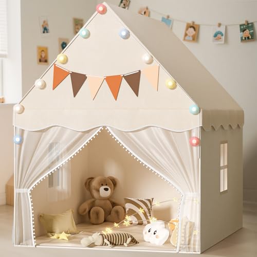 EagleStone Kinderzelt Play Tent mit Sternenlicht und gepolsterter Matte, Spielzelt für Kinder Indoor, Kinderspielhaus und Kinder Bettzelt, Kuschelecke für Mädchen & Jungen ab 3 Jahre, Weiß