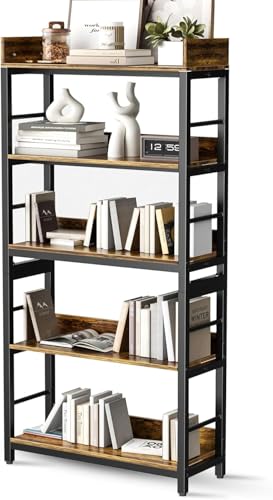 Image of 5-Tier Kitchen Organizer Rack Shelf | Heavy Duty Metal & Wooden| Industrial Bookcase | Kitchen Storage Office & Living Room | Rustic Brown & Black | 80x30x166 cm