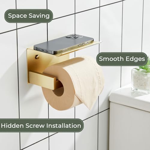 Image of KOKOSIRI Toilet Paper Holder with Shelf Toilet Roll Holder for Bathroom Restroom T-304 Stainless Steel Wall Mounted, Gold Finish, B2010BG