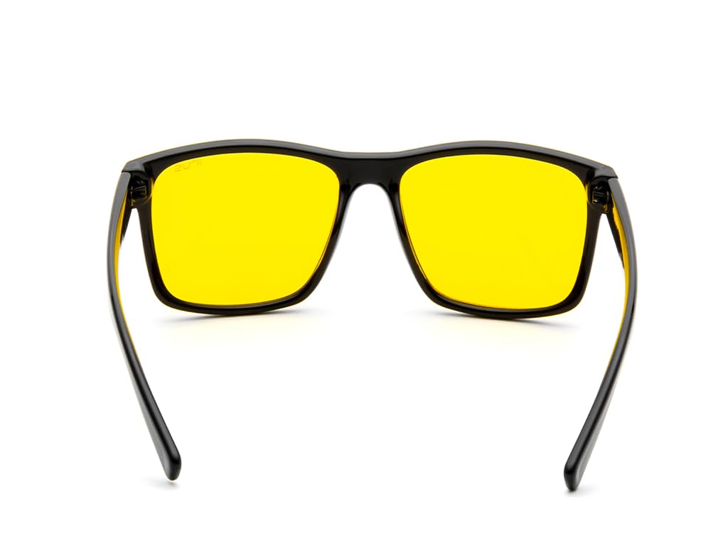 IRUS Gafas de sol 100 % protección UV sólidas de borde completo cuadradas para hombre, marco de policarbonato negro brillante, lente de policarbonato amarillo sólido