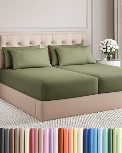 Image of Split King 7 Piece Bed Sheet Set - Comfy, Breathable & Cooling - Sage Green | Ultra-Soft Hotel Luxury Bedding Set w / 8-16 Inch Deep Pockets, 1 Flat & 2 Fitted Sheet & 4 Pillowcases, Wrinkle & Fade Free