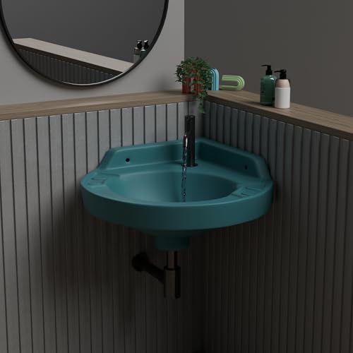 Image of REMOTION Ceramic Wall Hung Corner Wash Basin for Bathroom | Wall Mounted Corner Sink | Space-Saving, Durable & Stylish Design (17 x 15 x 7.5 Inch) (Green)