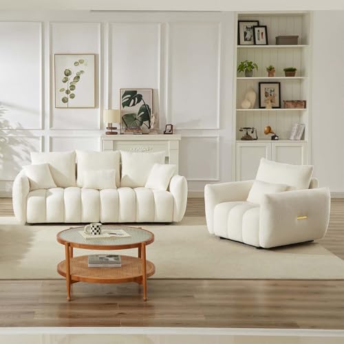 Image of Antetek Teddy Fabric Sofa Set for Living Room, Modern Deep Seat Sofa Chair and Oversized 3-Seater Cloud Boucle Couch for Bedroom, Office, Apartment, Furniture Set, Beige (2 Piece)