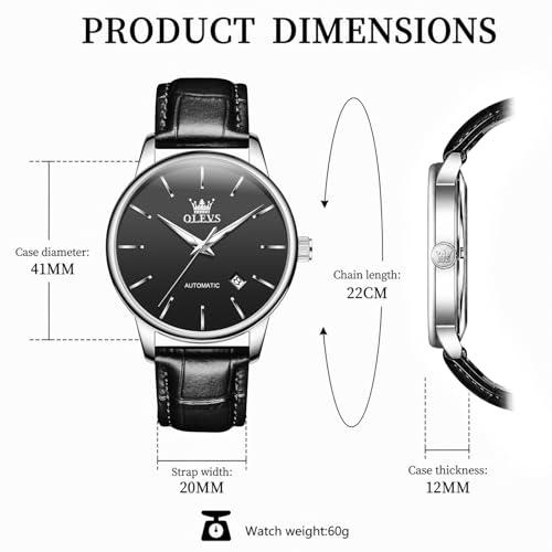 OLEVS Men's Automatic Watches Black Leather Band Silver Big Dial Waterproof - image 6