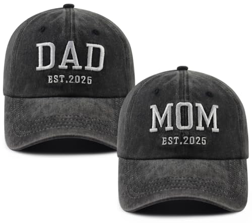 Image of 2PCS Mom and Dad EST 2025 Hat for Women Men, Funny Adjustable Cotton Embroidered New Parents Gifts Baseball Cap