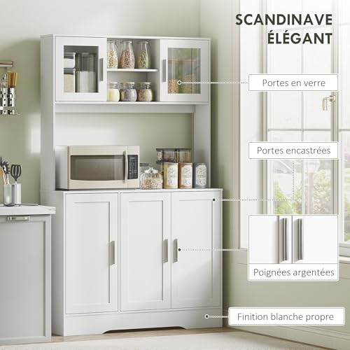 HOMCOM Szafka kuchenna, kredens, kuchnia, skandynawski mebel do przechowywania, szafki, otwarte przegródki, szklane drzwi i blat roboczy, do jadalni, salonu, 108 x 35 x 180 cm, biała