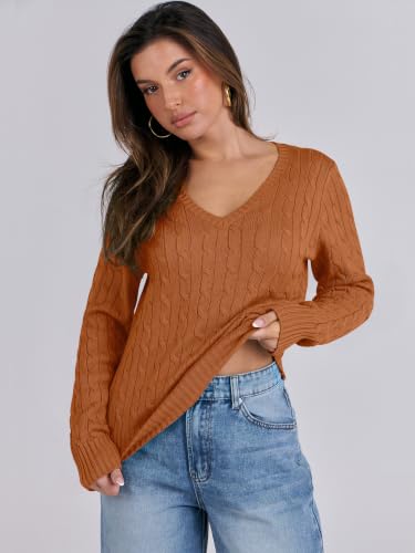 Image of ANRABESS Women's Cable Knit V Neck Fitted Sweaters