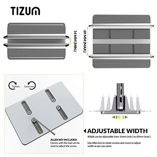 Image of Tizum Vertical Laptop Stand for Desk with Adjustable Dock Width, Size & Space Saver Sturdy Desktop Laptop Holder with Anti Slip Silicone Mat, for All Laptops, Notebook, MacBook, Tablets, iPads, Grey