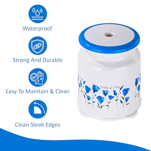 Image of Kuber Industries Strong Plastic Tulip Design Round Seating Stool for Home | Anti-Slip Stool for Adult & Senior Citizen-Friendly Design | White & Blue