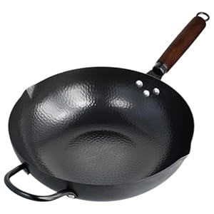 Carbon Steel Wok Pan with Double Spouts, Woks & Stir-Fry Pans Nonstick with Wooden and Steel Helper Handle 11.8 Inches(Flat Bottom)
