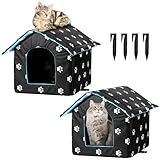 2PCS Cat House for Outdoor and Feral Cats, Weatherproof Shelter With 4 Tent Stakes, 2 Black Paw Print Foldable Dogs House, Stray Cat Protection