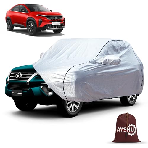 Image of AYSHU Waterproof Car Cover Compatible with TATA Curvv | Mirror & Antenna Pocket | Anti-Scratch Soft Cotton Inner Layer | Triple Stitched | Heat Resistant Metallic Silver | All-Weather Protection