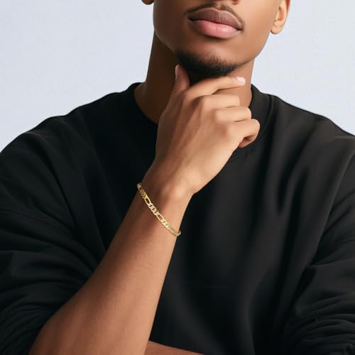 14K Gold Bracelet for Men, 8 inch Non Tarnish Golden Figaro Chain with 5mm Width & Lobster Claw Clasps for Him, Jewelry Gifts with Box for Valentine's Day/Father's Day/Anniversary2