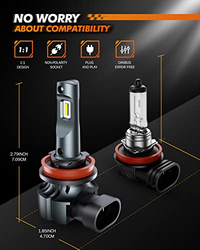 Sealight H11/H8/H16 Led Fog Light Bulbs 400% Brightness 6000K Xenon White Drl Bulbs Instant Light Up Canbus Error Free Mini Size Copper Body Non-Polarity Halogen Replacement Drl Bulbs 2 Pack #TOP4