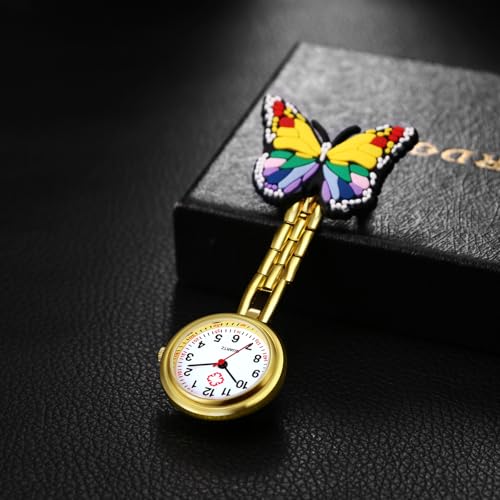 Image of Lancardo Pin On Nurse Watch: Unique Butterfly Pattern Badge Analog Quartz Easy to Read Pocket Watch for Women Men Doctor Hospital