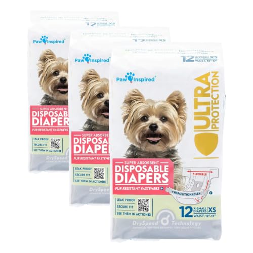 Image of Paw Inspired Disposable Dog Diapers | Female Dog Diapers Ultra Protection | Diapers for Dogs in Heat, Excitable Urination, or Incontinence (12&144 Count) (X-Small (12 Count)) (Pack of 3)
