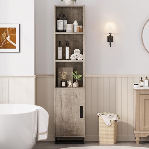 GarveeHome Tall Bathroom Cabinet, 70" Narrow Storage Cabinet with Door and Adjustable Shelf, Open Storage Freestanding for Laundry Room, Kitchen, Living Room, Small Space, Grey