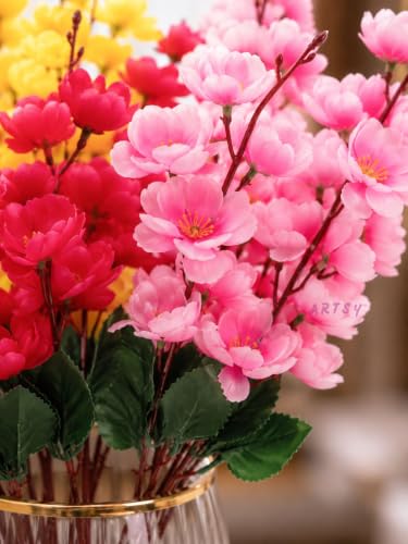 Image of ARTSY Artificial Flowers Bunch for Decoration Cherry Blossom, Ideal for vase, Home, Office Decor, Gifts, Craft, Artificial Plants for Decoration, Without vase, Assorted, Combo, 3 Piece, 55 cm Height