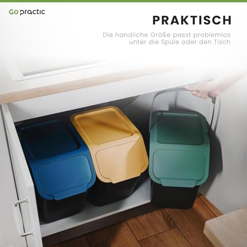 Go Practic Küchen Mülleimer 2x 25L Schwarz mit Deckel, für Gemischte Abfälle, Mülltrennsystem für Recycling, Abfallbehälter zur Trennung, Click-Funktion, Kunststoff Abfallbehälter zur Mülltrennung