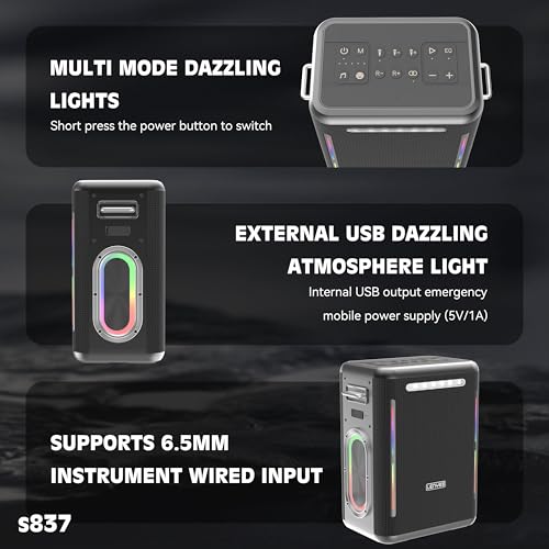 Image of Lenyes S837 300W Portable Karaoke Party Speaker with Dual Wireless UHF Mics, 30000mAh Battery, 65W Type-C Fast Charging, TWS Pairing, 15H Playtime, Guitar /Mic Input, USB /AUX, EQ Modes (Black)