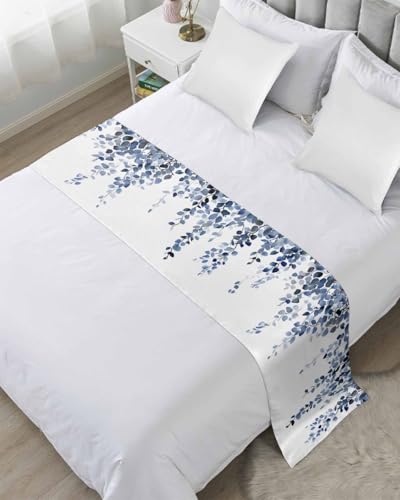 Navy Blue Eucalyptus Leaves Bed Runner for Full/Queen Size, Summer Leaf Watercolor Bedspread Protector Slipcover Bed Scarf for Foot Runners & Scarves for Bedroom Hotel Wedding Room 83x20 Inches
