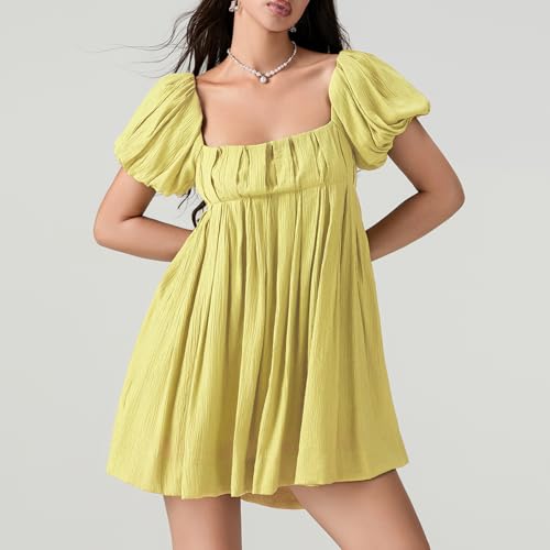 Image of Women Y2k Puff Sleeve Babydoll Dresses Square Neck Tie Back Mini Dress Summer Solid Off Shoulder Flowy Sundress