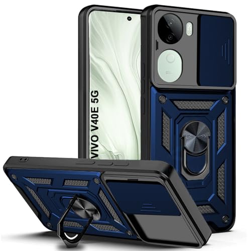 Image of AESTMO Tough Armor Vivo V40E 5G / iQOO Z9S 5G Bumper Back Case Cover | Ring Holder & Sliding Camera Shield Cover | 360 Degree Protection Back Case Cover for Vivo V40E 5G / iQOO Z9S 5G (Blue)