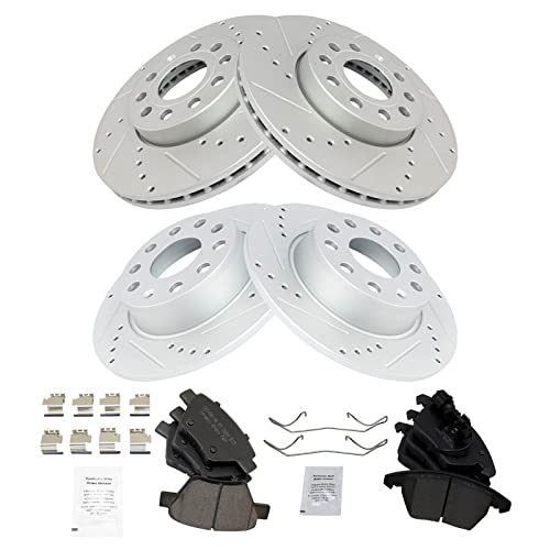 Image of TRQ Performance Front and Rear Brake Pad and Rotor Set Ceramic Drilled Slotted Coated Rotors Compatible with 2010-2013 Audi A3 Quattro 2009-2014 Volkswagen Eos 2010-2014 Beetle Golf GTI Jetta