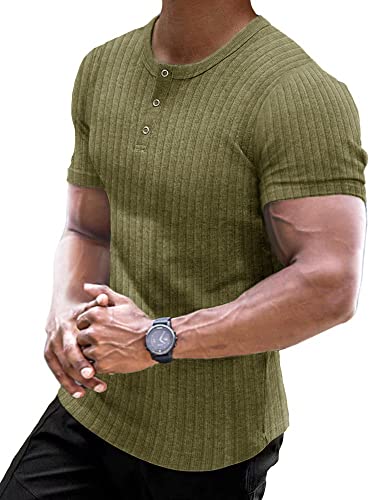 Muscle Cmdr T Shirt Homme,Coton À Manches Courtes Henley T-Shirts, Casual Henley Hauts pour Fitness Tee Shirt（Vert/2XL