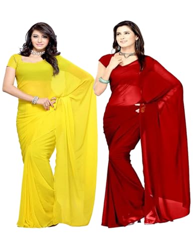 Sari en georgette jaune et cramoisie Webelkart avec chemisier lot de 2