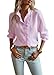 Pinclodly Camisa de Manga Larga con Botones para Mujer, Cuello Alto, con Volantes, a Rayas, para el Trabajo, a la Moda, Rosado, XL