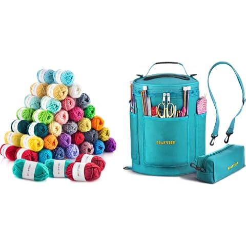 Starter Pack of 60 Acrylic Yarn Skeins with Turquoise Yarn Storage Bag Bundle Cover