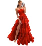 Glitter Tulle Tiered Prom Dresses for Teens 2024 Strapless Ball Gowns with Slit Ruffle A-Line For...
