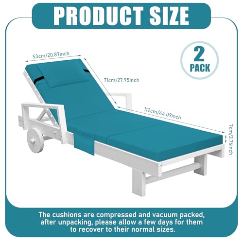 Bucherry 2 Pcs Chaise Lounge Cushions Outdoor with Headrest and Side Pocket Waterproof Chair Cushions Fade Resistant Patio Replacement Cushion Outdoor Furniture Pool 72 x 21 x 3 Inch(Lake Blue)