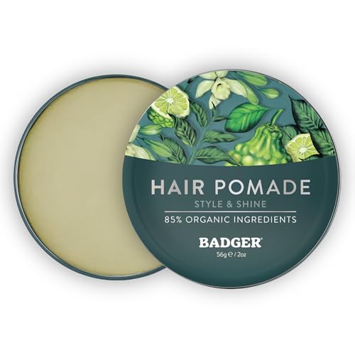 Badger Hair Pomade for Men, Organic, Easy to Use, Subtle Masculine Scent, Medium Hold Hair Pomade with Medium Shine Finish, Nourishes Hair & Scalp 2 oz Tin