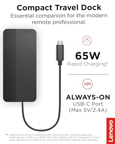 Image of Lenovo USB-C Dual Display Travel Dock w / 100W Power Adapter - 7 Ports, Integrated USB-C Cable, Universal Compatibility, Dual Displays at 4K - Black