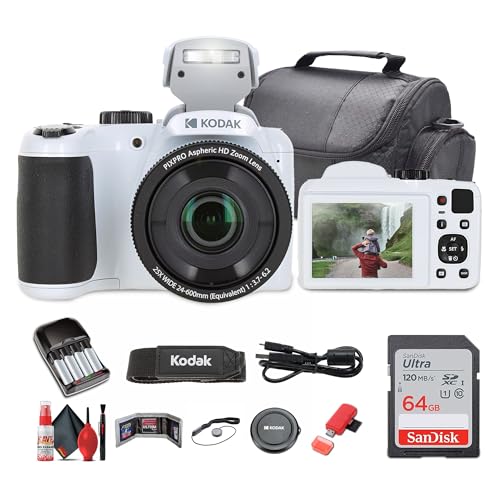 Kodak Pixpro AZ255 Digital Camera (AZ255WH) Bundle Including: 64 GB Memory Card, Rechargeable Batteries, Case, Neck Strap, Lens Caps, Full Cleaning Kit, Card Reader, Card Wallet, USB Cable, Cap Keeper