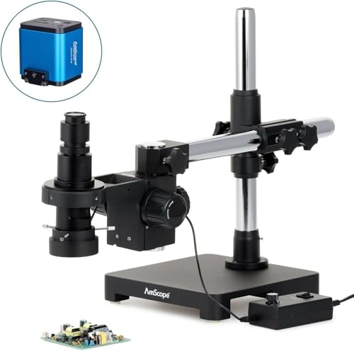 Image of AmScope - 0.7X-5X Zoom Inspection Microscope on Single-Arm Boom-Stand + LED Ring Light + 1080P HDMI C-Mount Camera - H800-SAB-96S-HD22