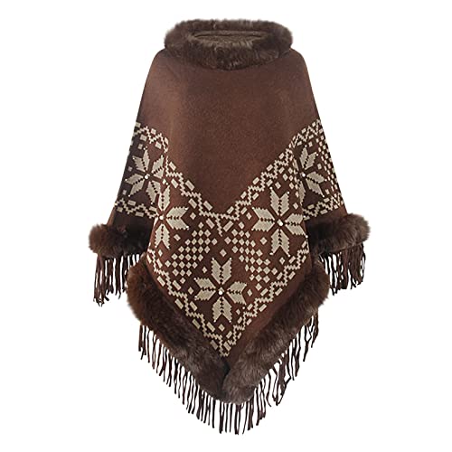 Vintage Graphic Cape Coat for Women Fashion Fringe Hem Wrap Cloak Winter Thermal Shawl Faux Fur Trim Tassels Poncho